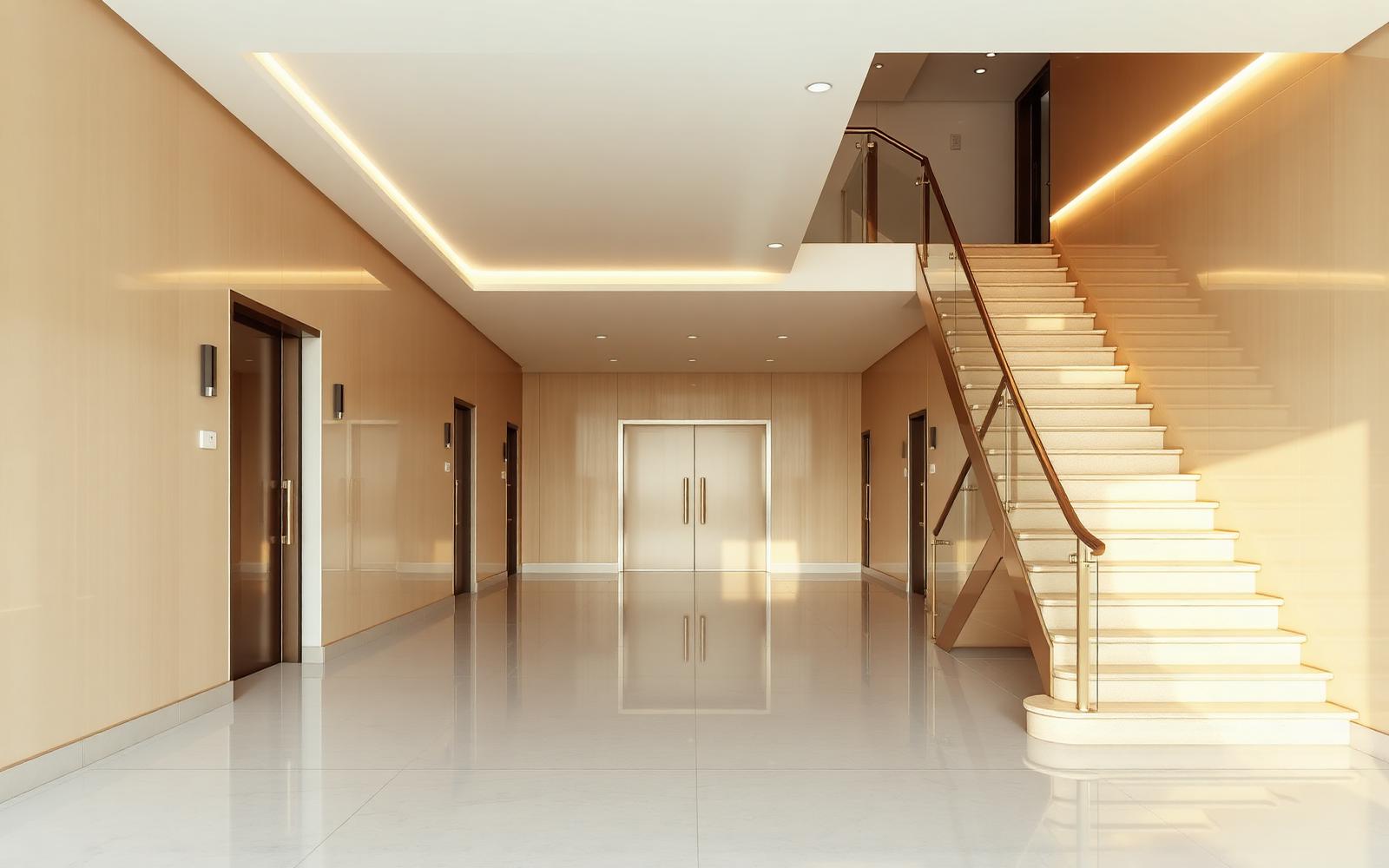 Hall d'immeuble propre et lumineux entretenu par MGI Nettoyage